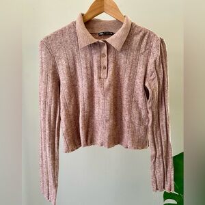 Zara Soft Rib Knit Polo Shirt Long Sleeve Top - Mauve